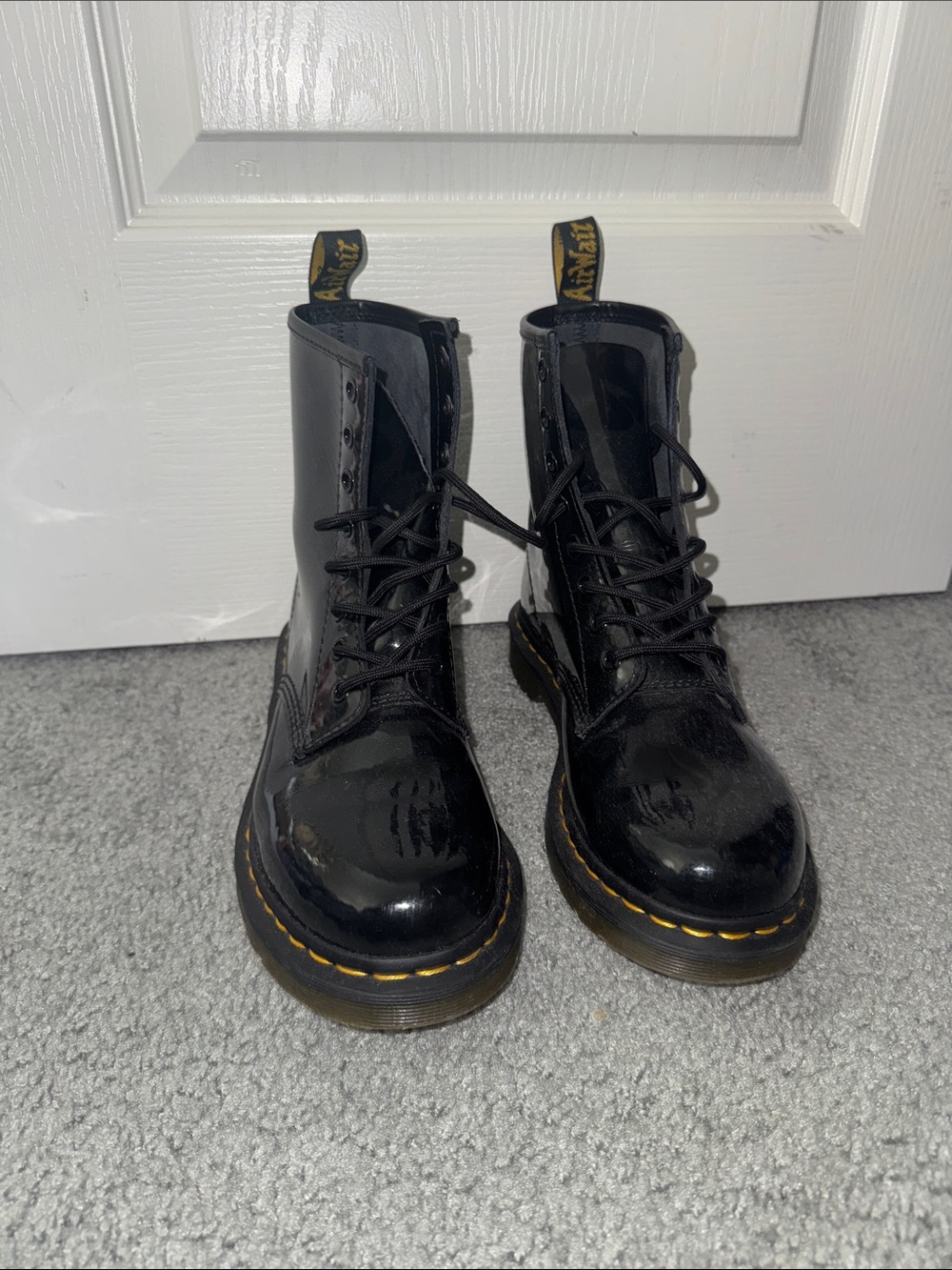 Dr. Martens Black Patent Lace-Up Combat Boots with Yellow Stitching